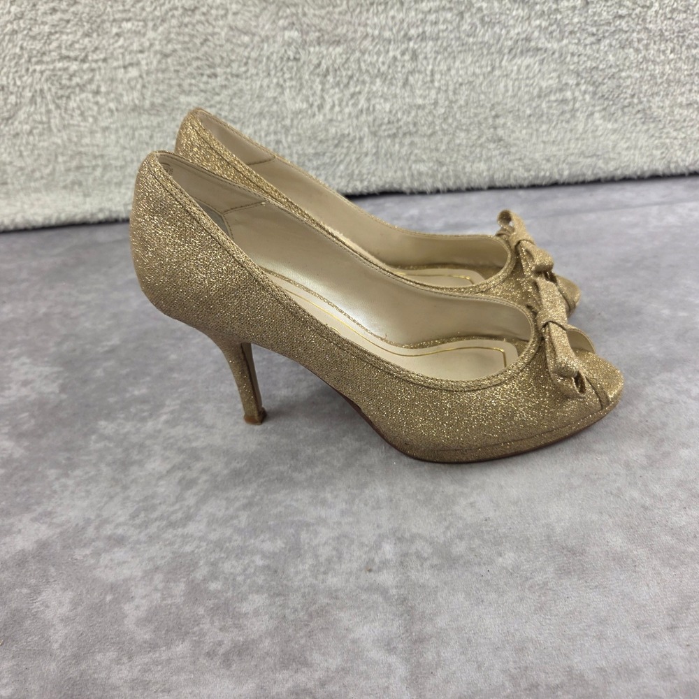 Caparros Gold Glitter Peep Toe Bow Pumps Stiletto Heels Size 7B S1509B